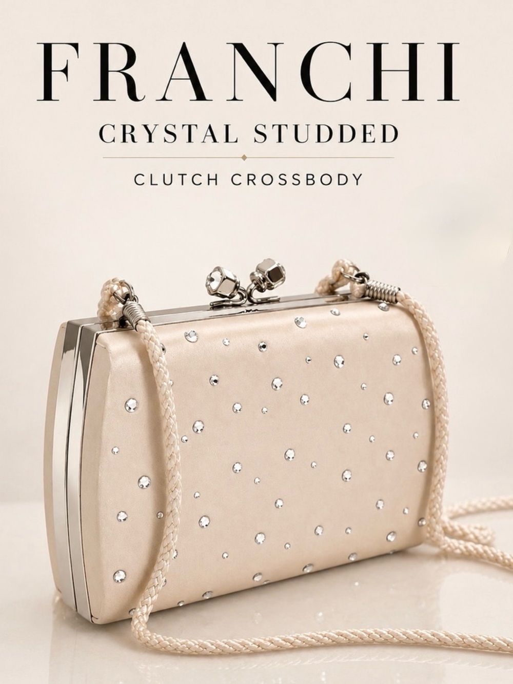 Franchi Ivory Crystal Studded Satin Clutch Crossbody Kiss Lock